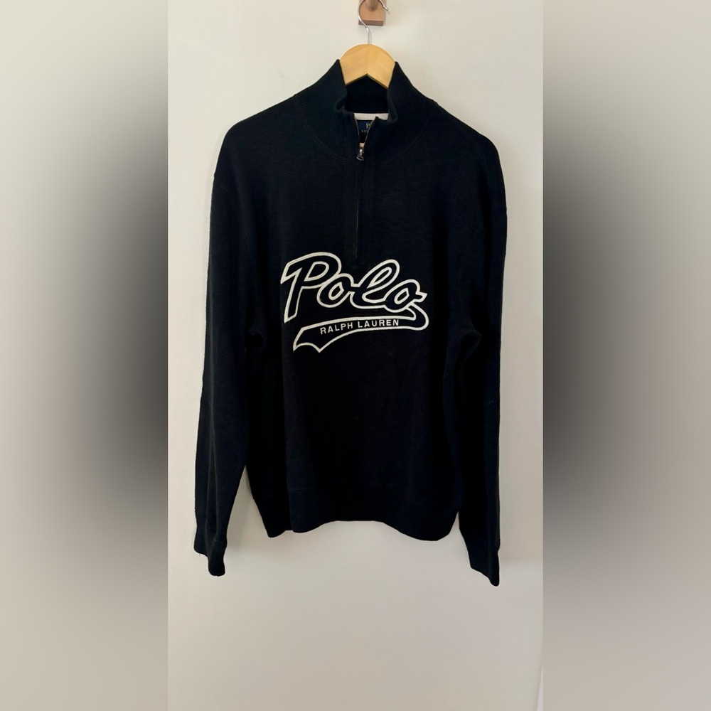 Polo Ralph Lauren XXL Black Quarter Zip Spell out Logo Sweater 100% Cotton